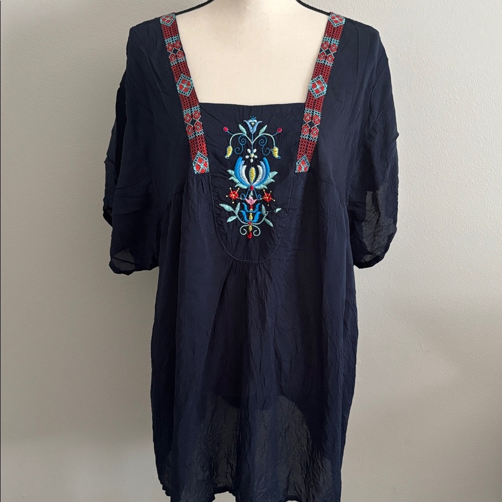 JOHNNY WAS Embroidered Tunic, Navy Blue, Size XXL